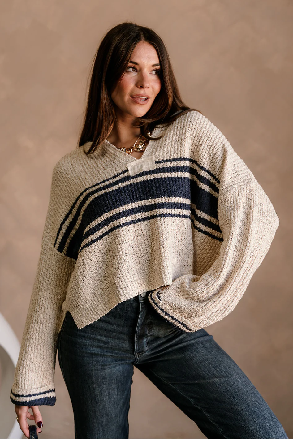 Jayme Taupe & Navy Striped Sweater