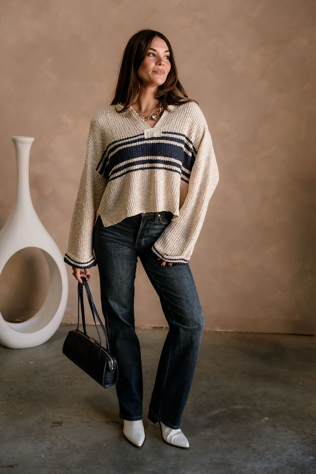 Jayme Taupe & Navy Striped Sweater - Image 2