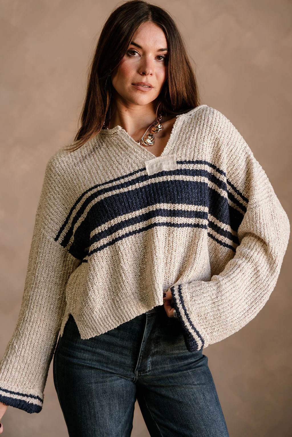 Jayme Taupe & Navy Striped Sweater - Image 4
