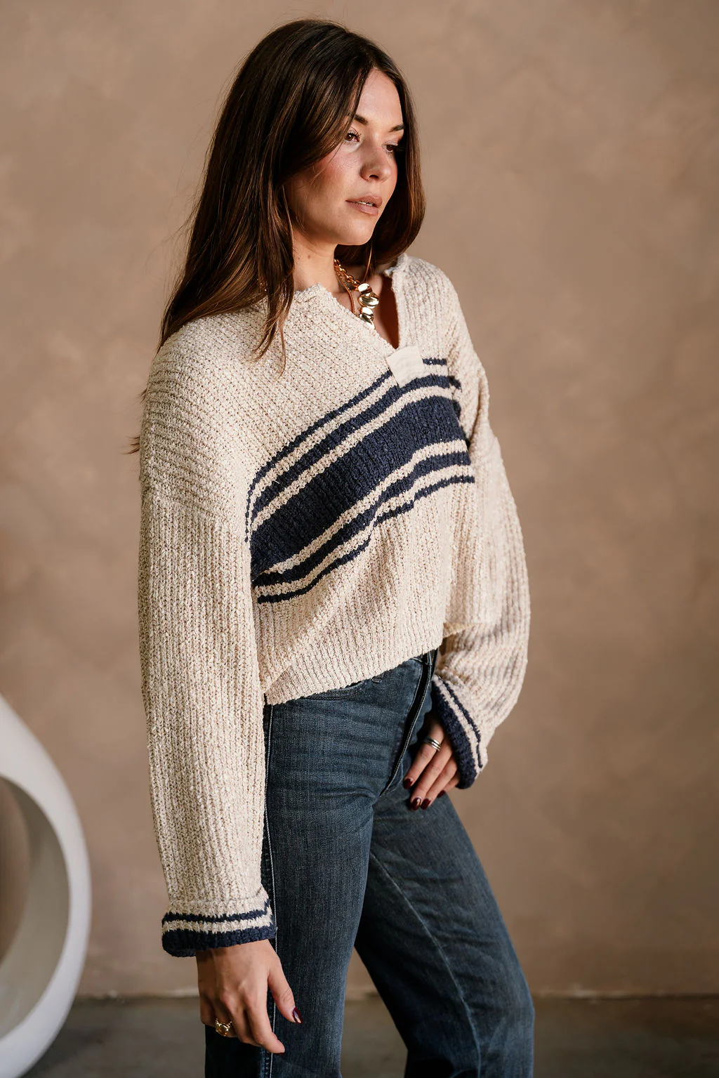 Jayme Taupe & Navy Striped Sweater - Image 5
