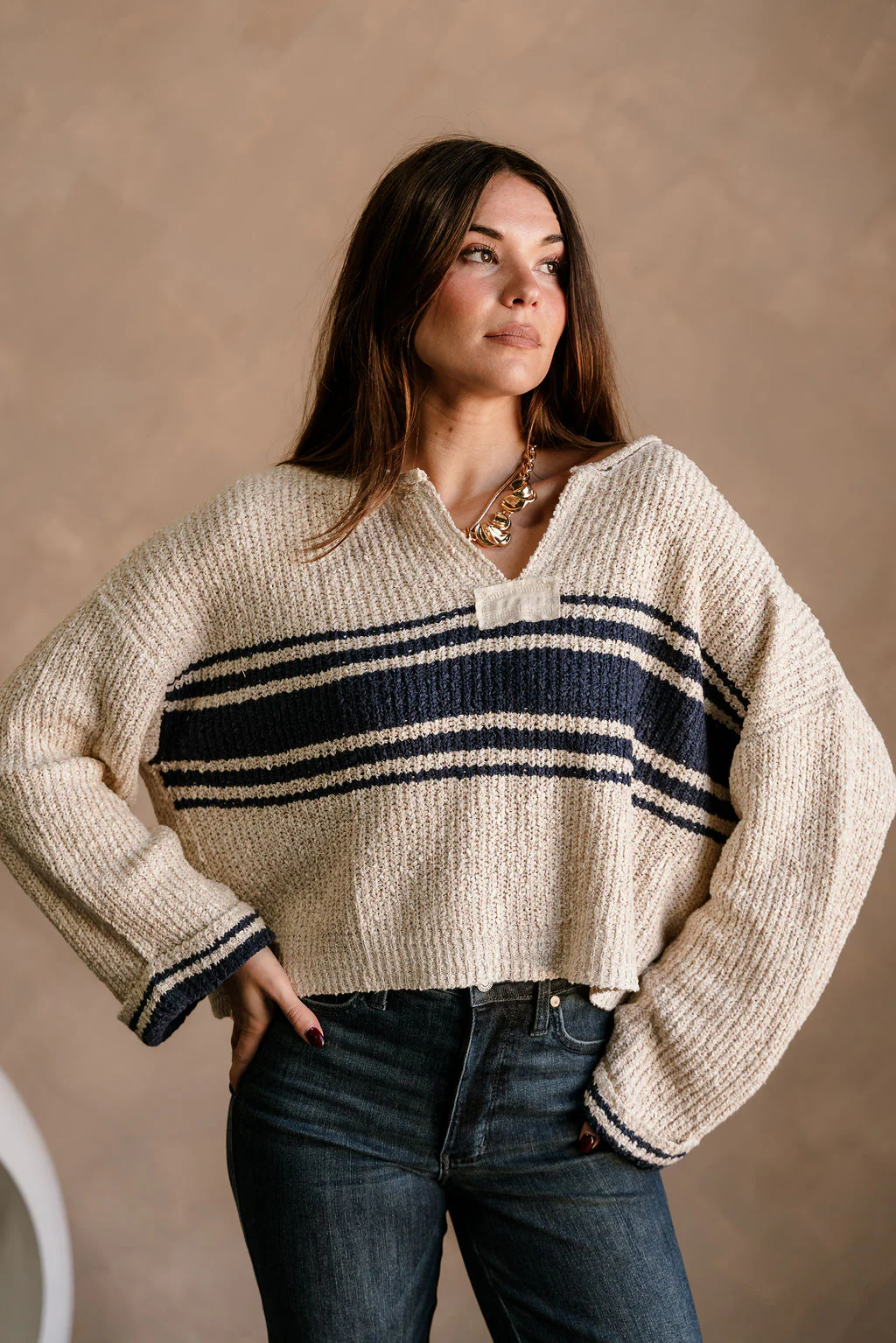 Jayme Taupe & Navy Striped Sweater - Image 6