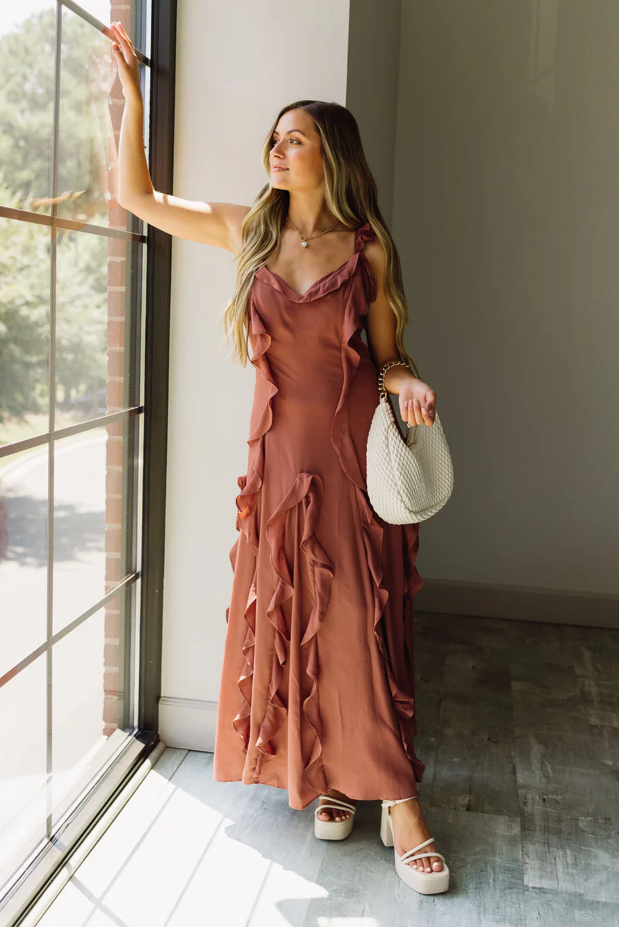 Carina Dark Mauve Ruffle Midi Dress