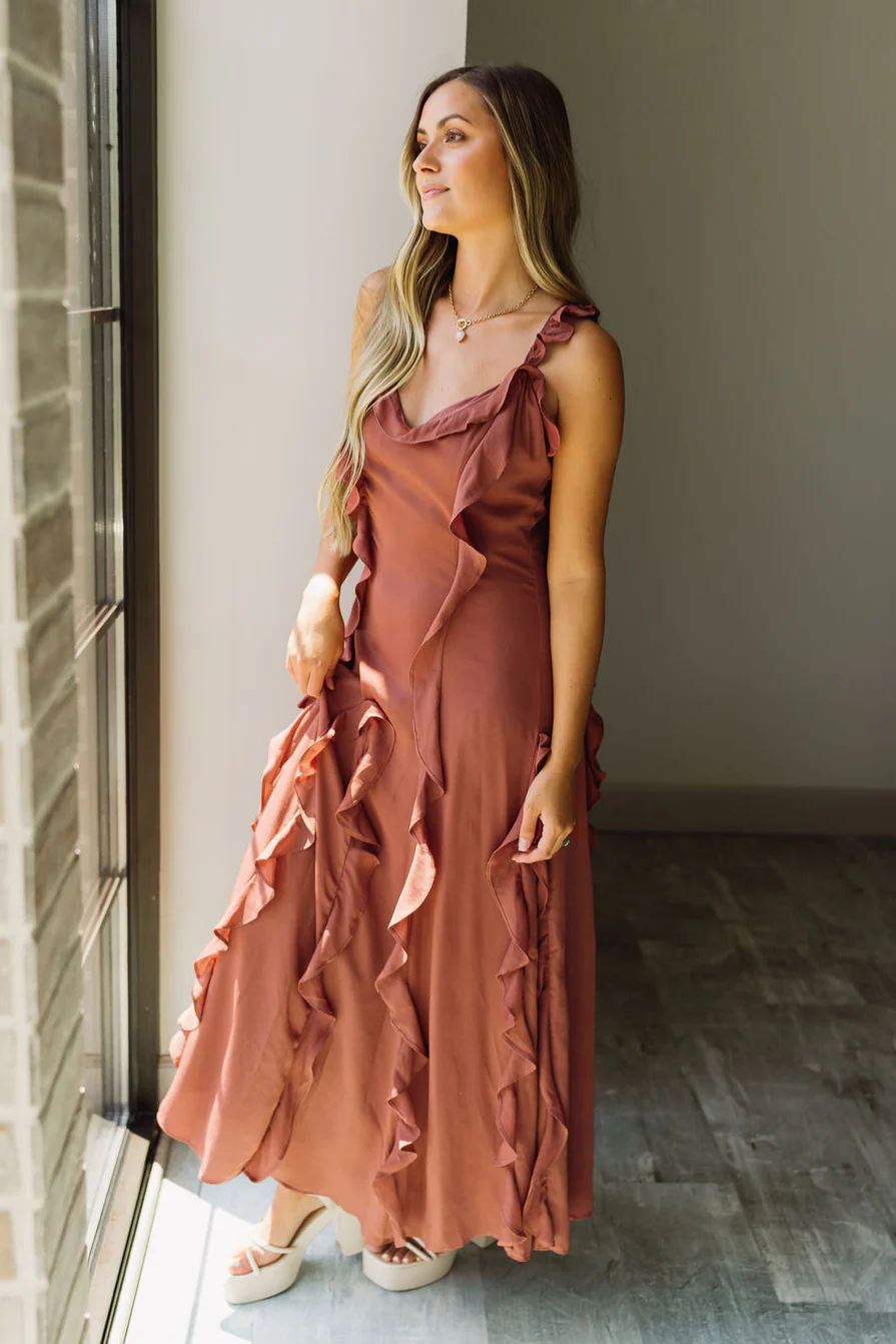 Carina Dark Mauve Ruffle Midi Dress - Image 2