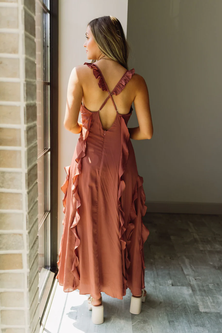 Carina Dark Mauve Ruffle Midi Dress - Image 6