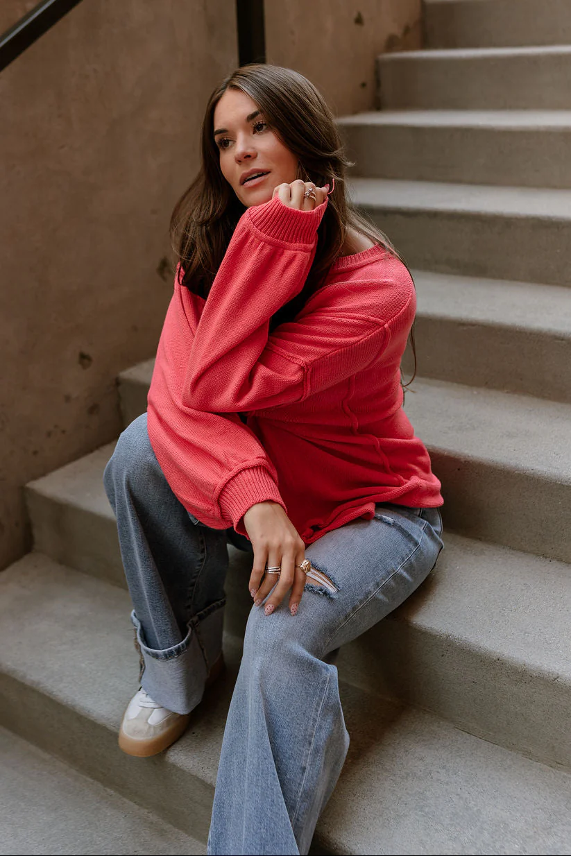Jeanie Red Coral Balloon Sleeve Sweater
