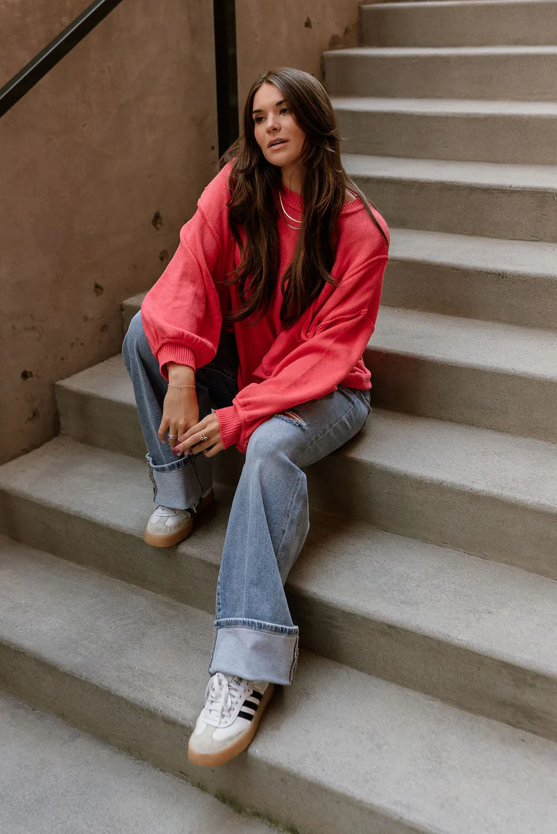 Jeanie Red Coral Balloon Sleeve Sweater - Image 3