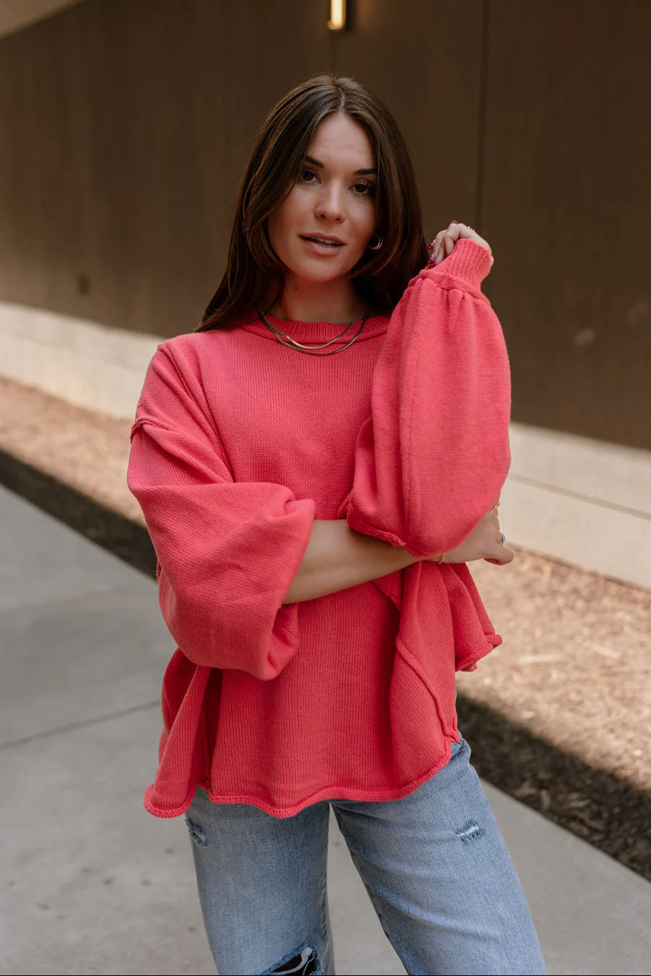 Jeanie Red Coral Balloon Sleeve Sweater - Image 4
