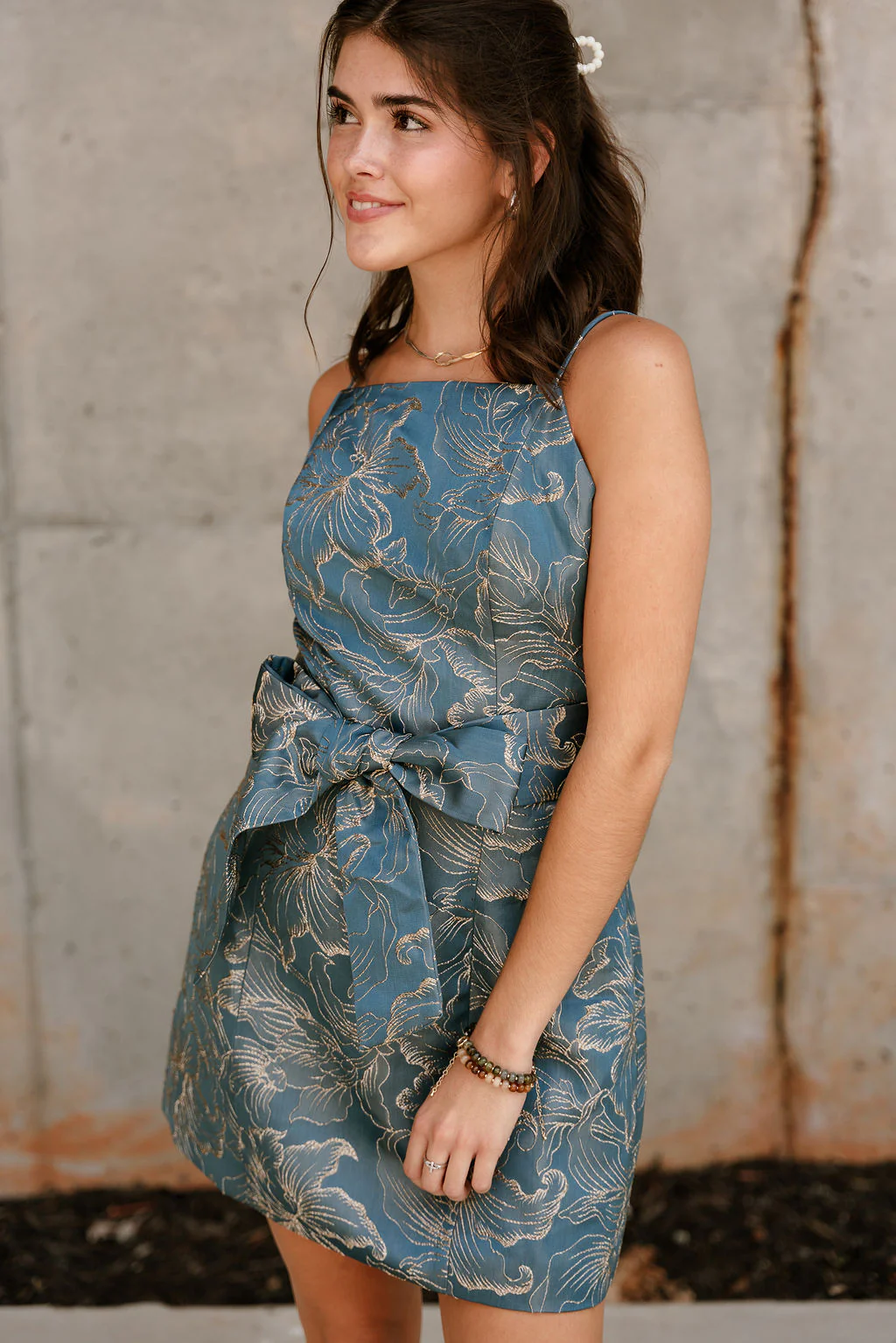 Jenna Blue & Gold Floral Tie Waist Mini Dress