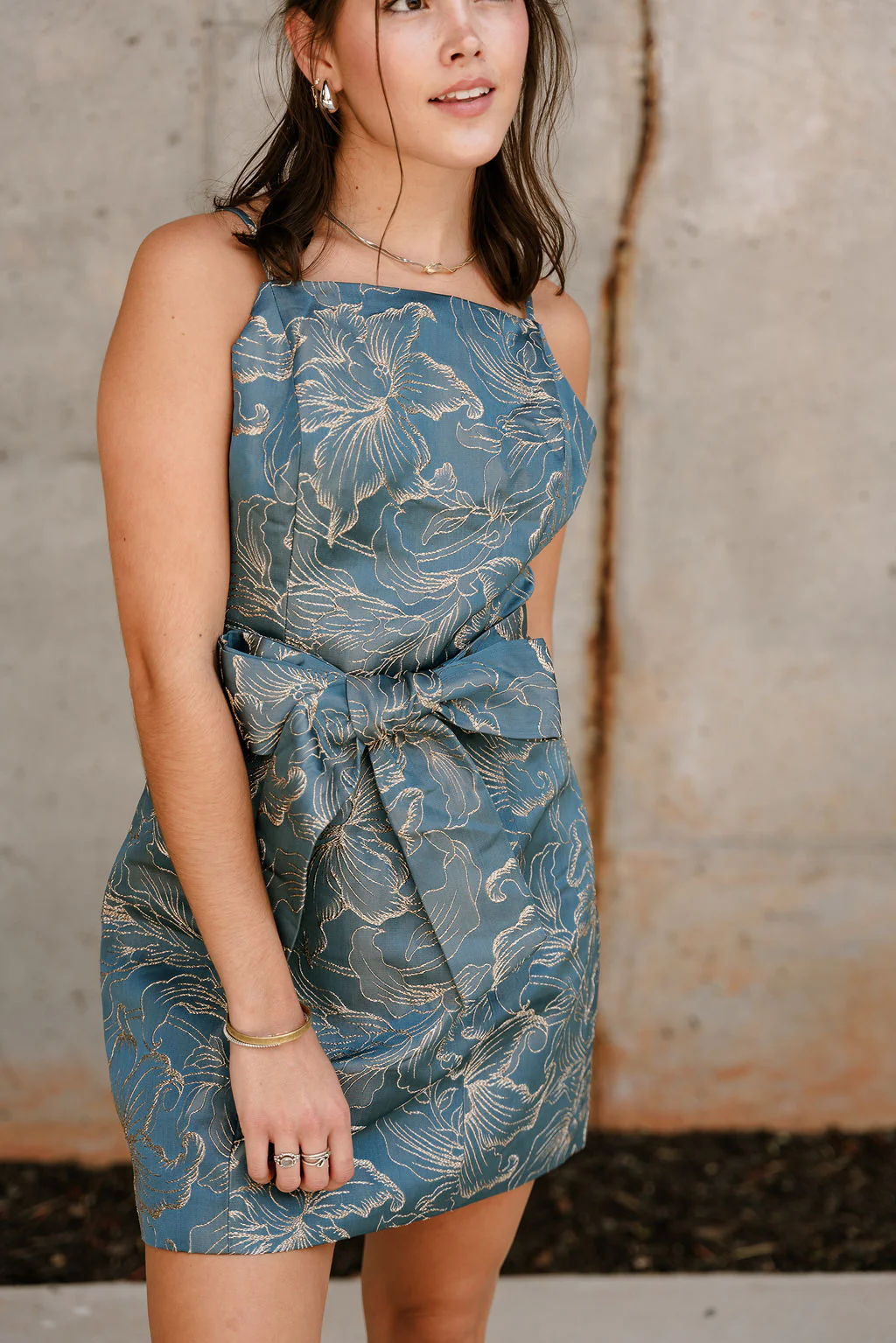 Jenna Blue & Gold Floral Tie Waist Mini Dress - Image 6