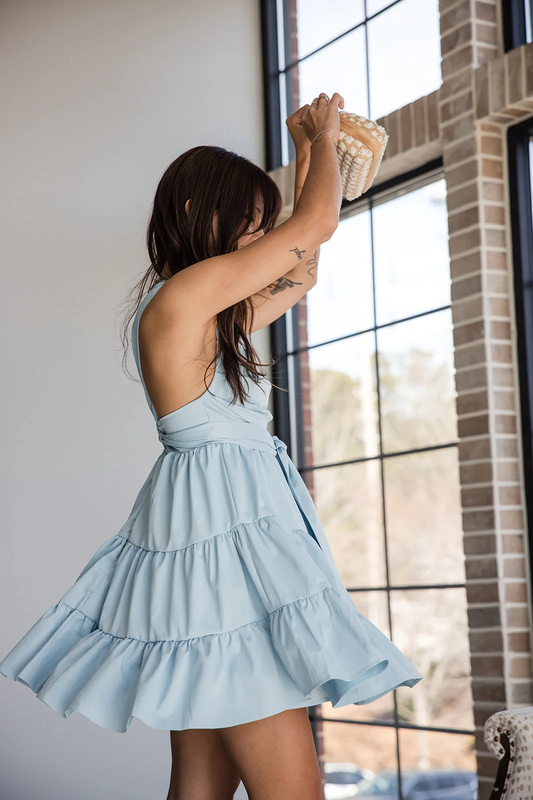 Jennifer Light Blue Tie Waist Tiered Mini Dress - Image 3