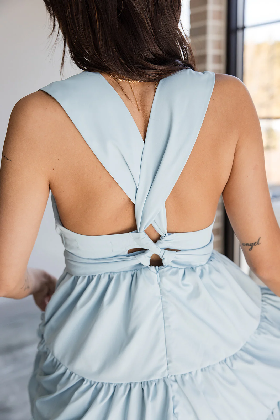Jennifer Light Blue Tie Waist Tiered Mini Dress - Image 9