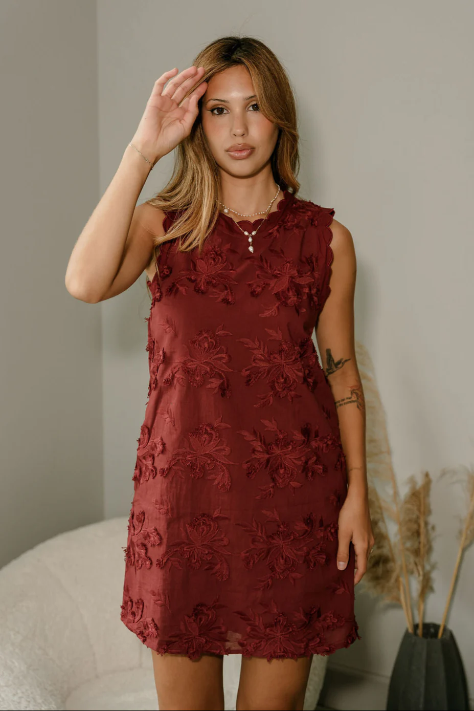 Jessa Burgundy 3D Floral Mini Dress - Image 2