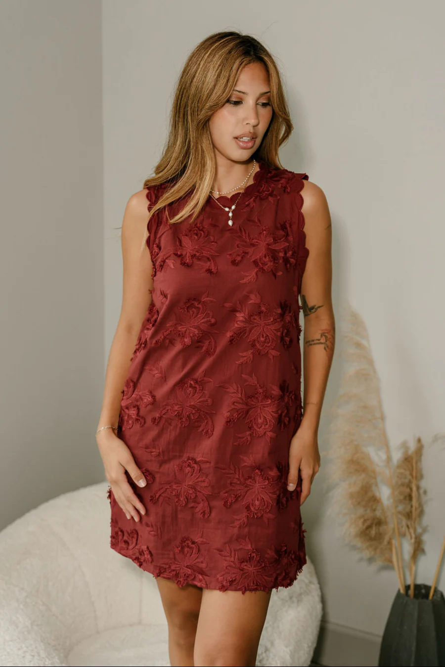 Jessa Burgundy 3D Floral Mini Dress - Image 7