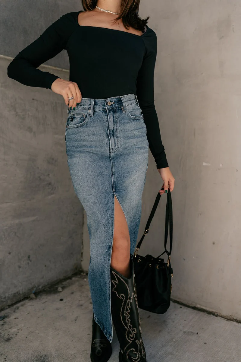 Jocelyn Denim Front Slit Midi Skirt - Image 3