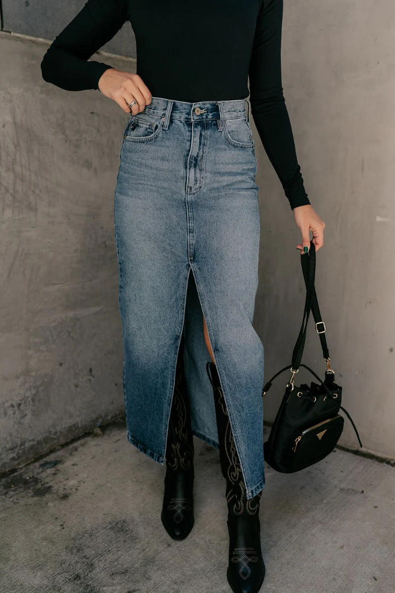 Jocelyn Denim Front Slit Midi Skirt - Image 4