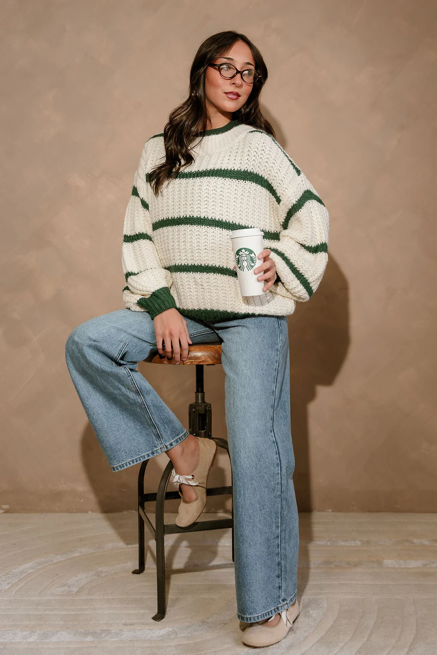 Joelle Cream & Green Striped Sweater - Image 4