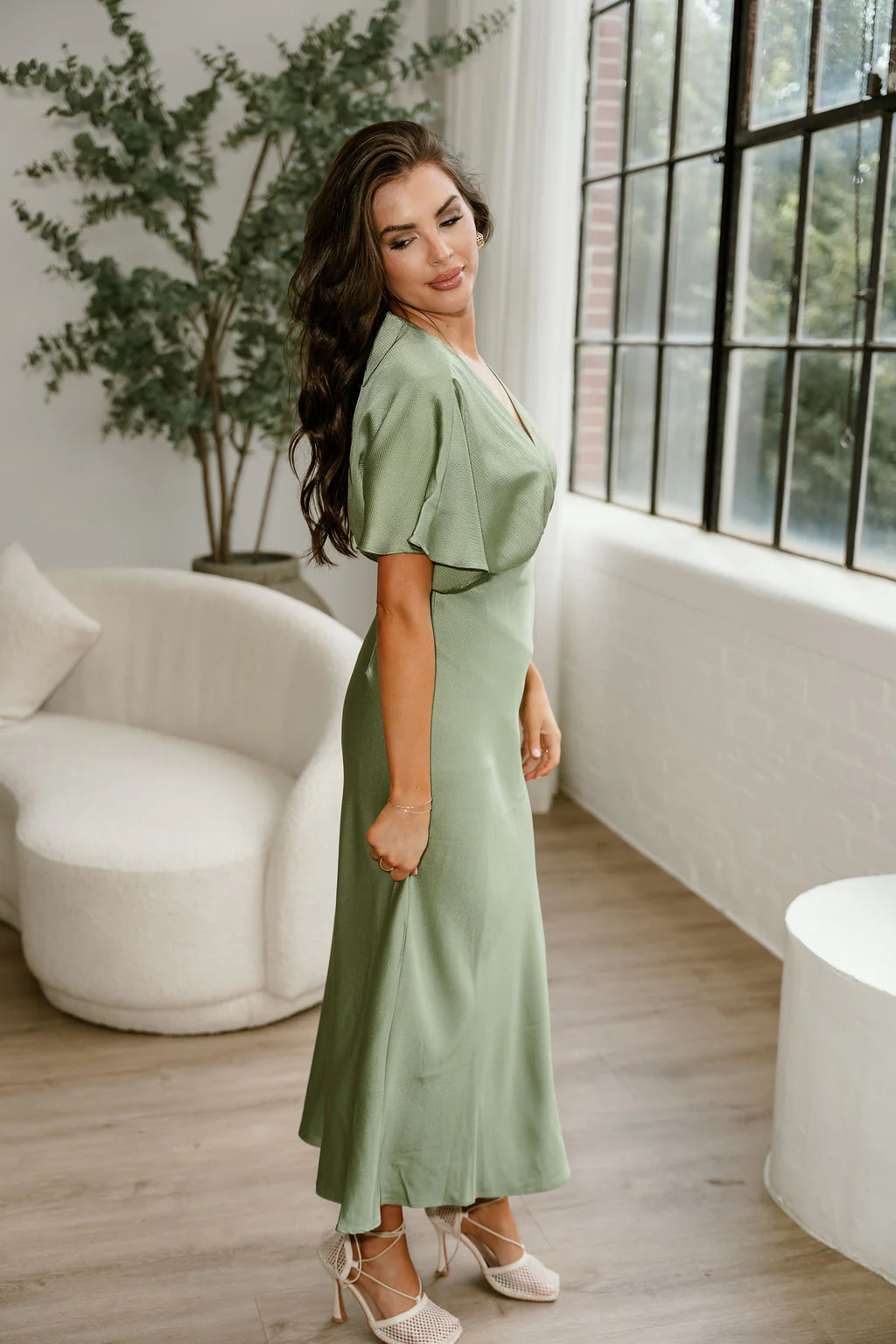 Joelle Sage Green Satin Midi Dress - Image 2