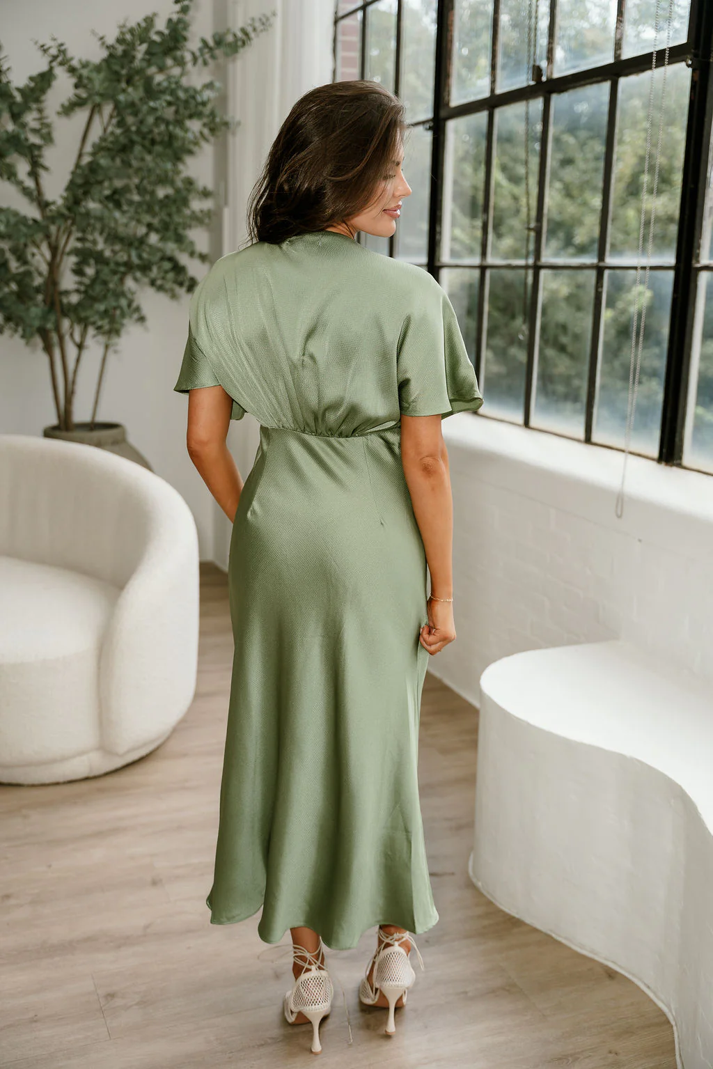 Joelle Sage Green Satin Midi Dress - Image 3