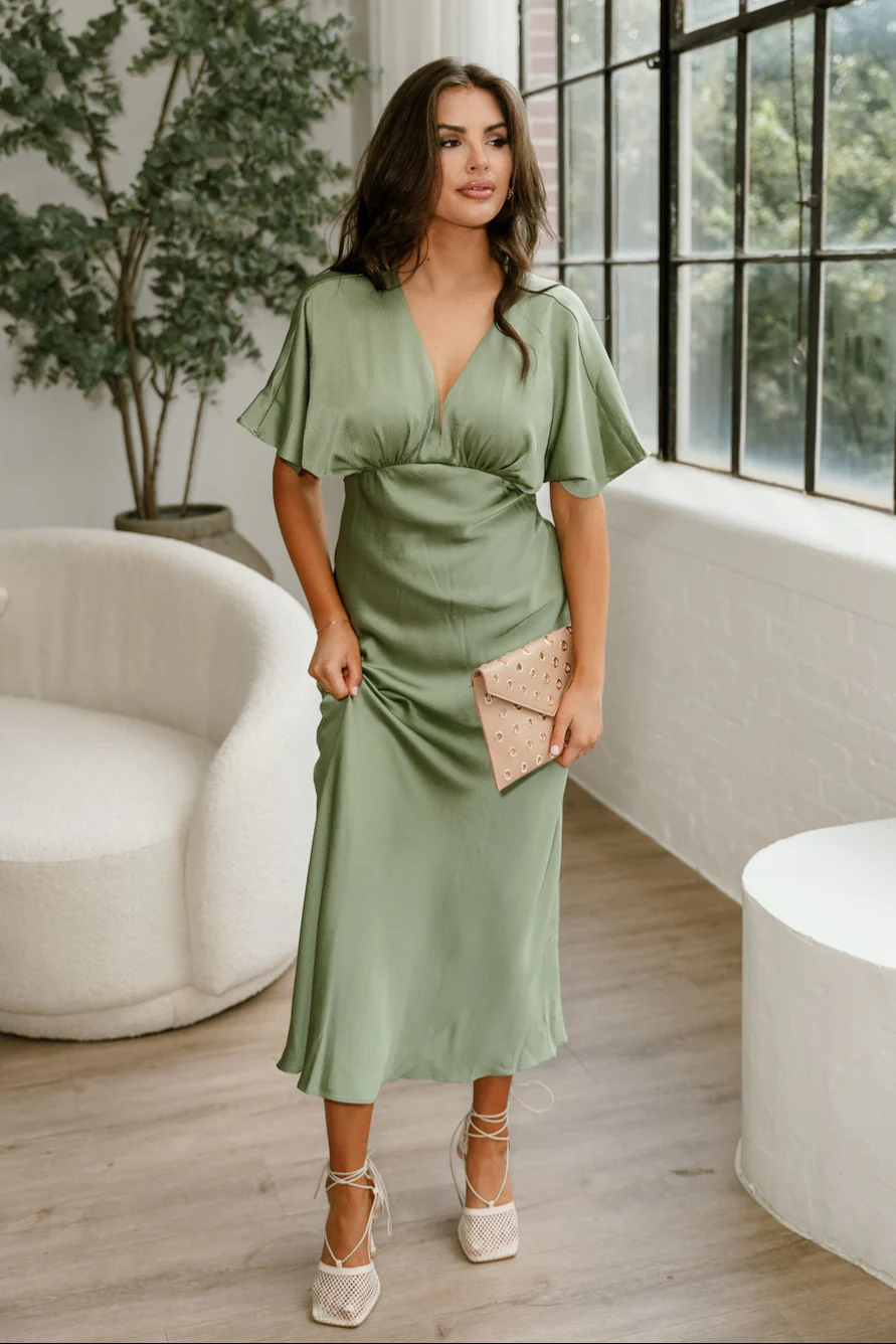 Joelle Sage Green Satin Midi Dress - Image 4