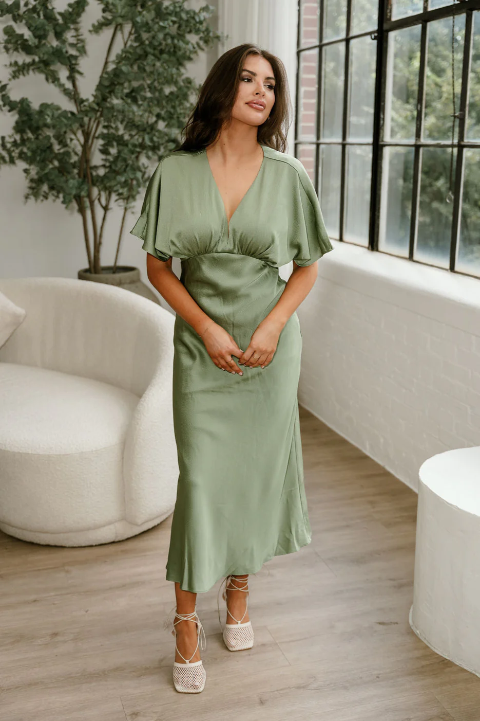 Joelle Sage Green Satin Midi Dress - Image 6