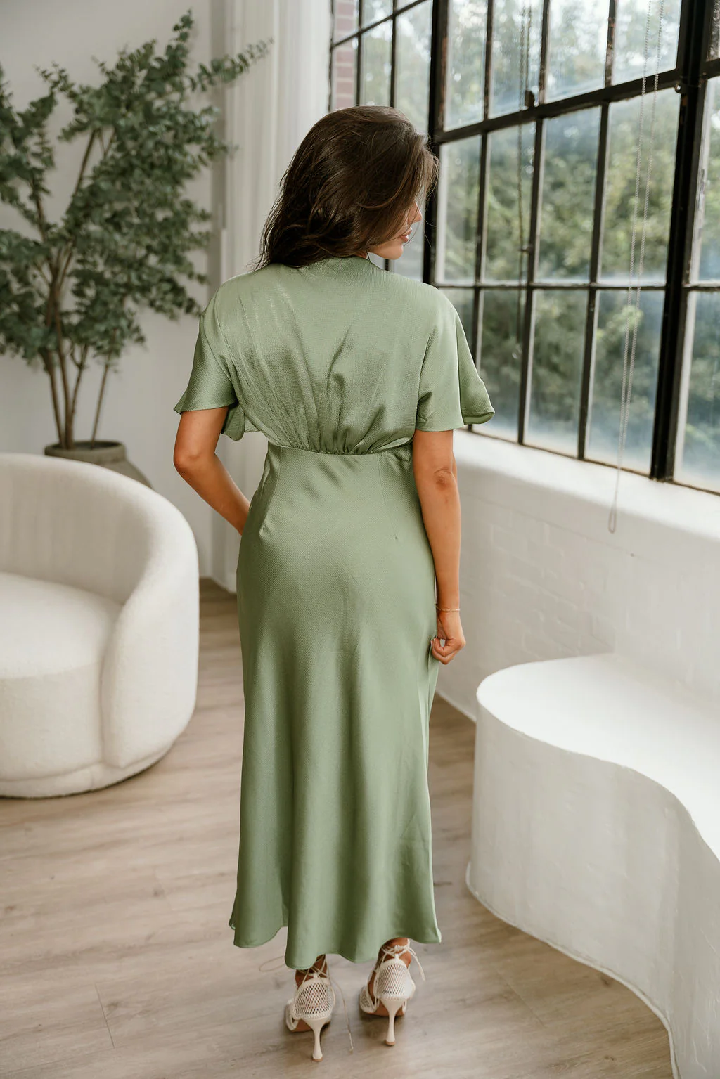Joelle Sage Green Satin Midi Dress - Image 9