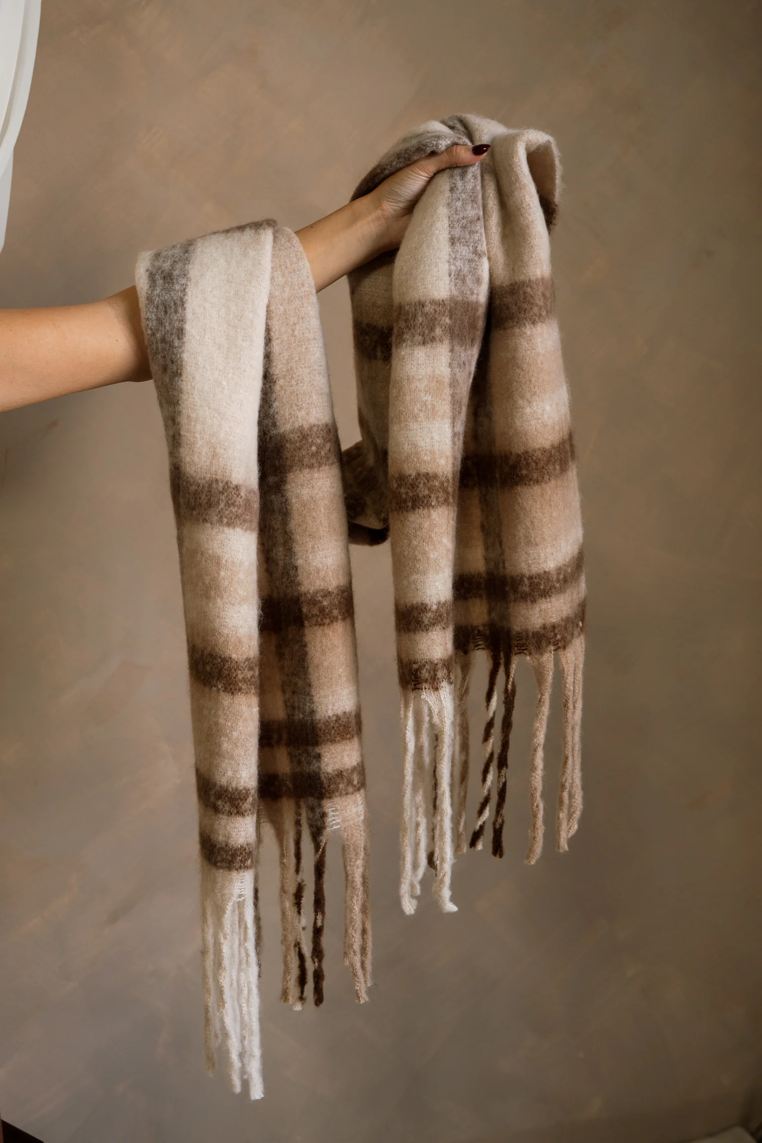 Jordan Beige & Brown Plaid Fringe Scarf