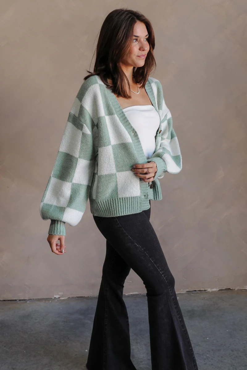 Jordan Sage & Cream Checkered Long Sleeve Cardigan