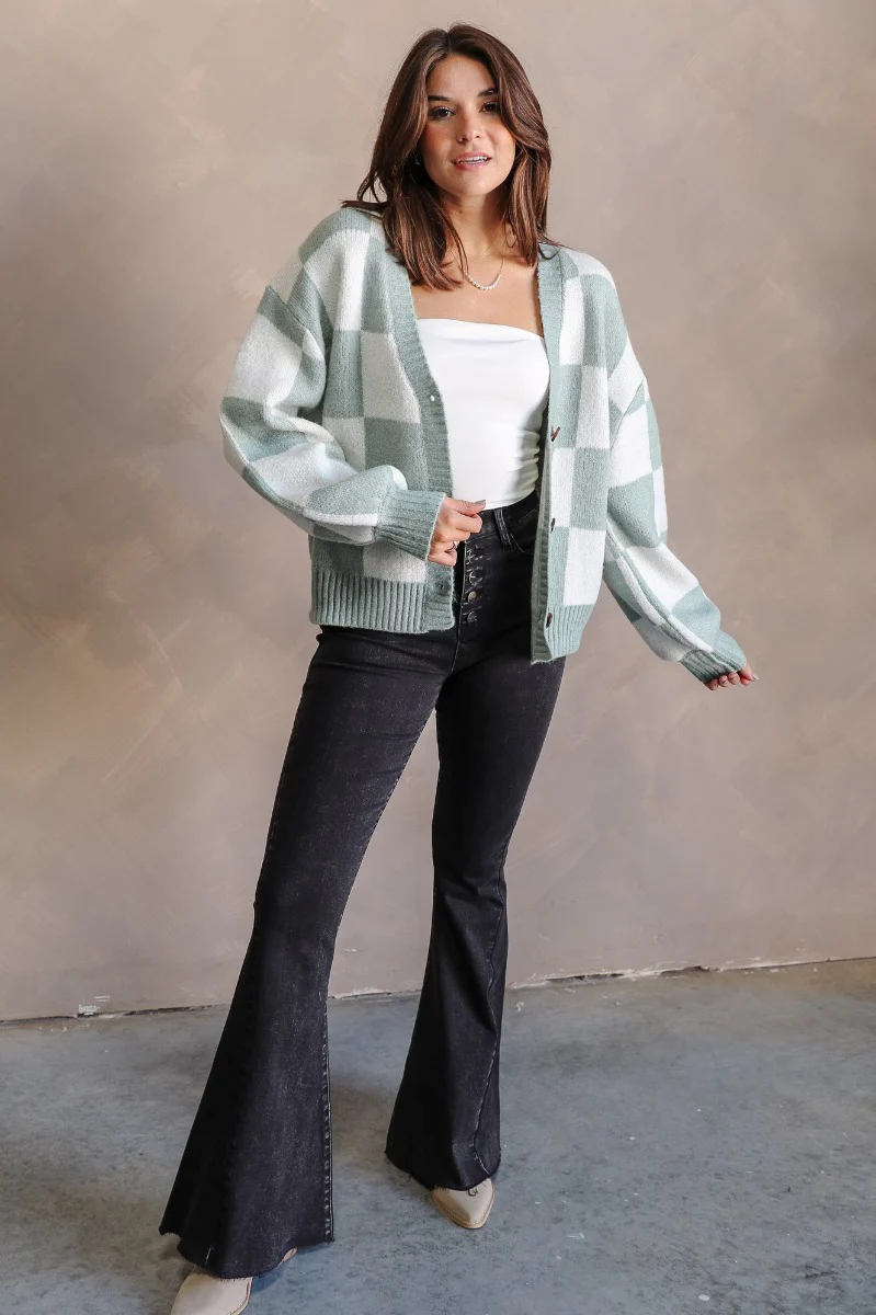 Jordan Sage & Cream Checkered Long Sleeve Cardigan - Image 2
