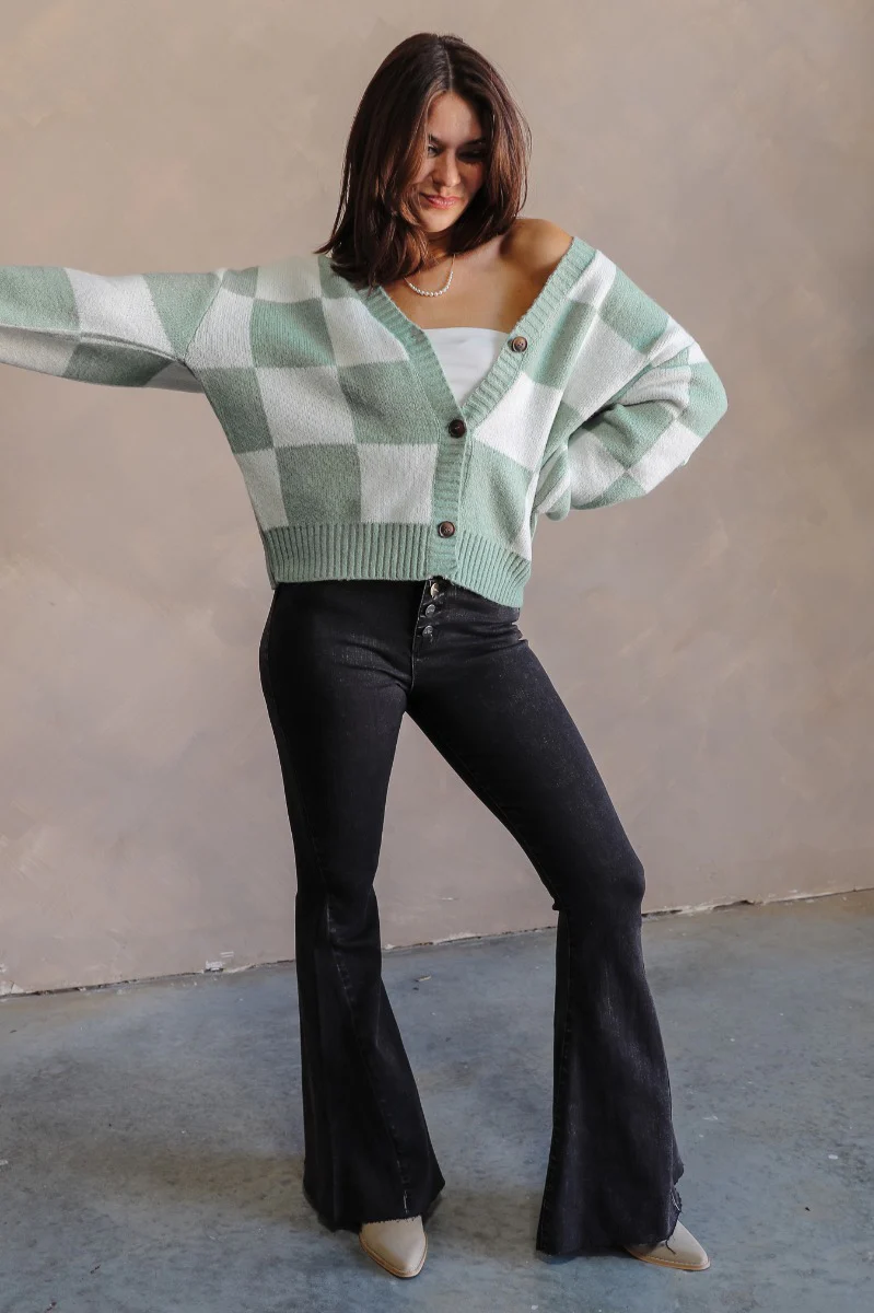 Jordan Sage & Cream Checkered Long Sleeve Cardigan - Image 3