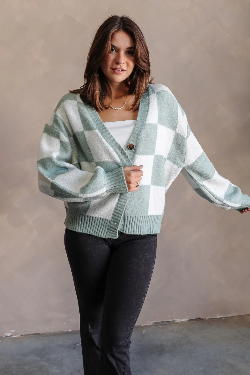 Jordan Sage & Cream Checkered Long Sleeve Cardigan - Image 4