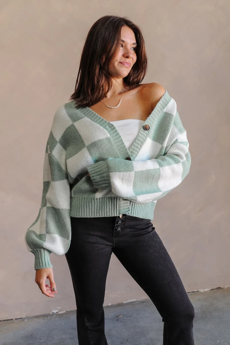 Jordan Sage & Cream Checkered Long Sleeve Cardigan - Image 5