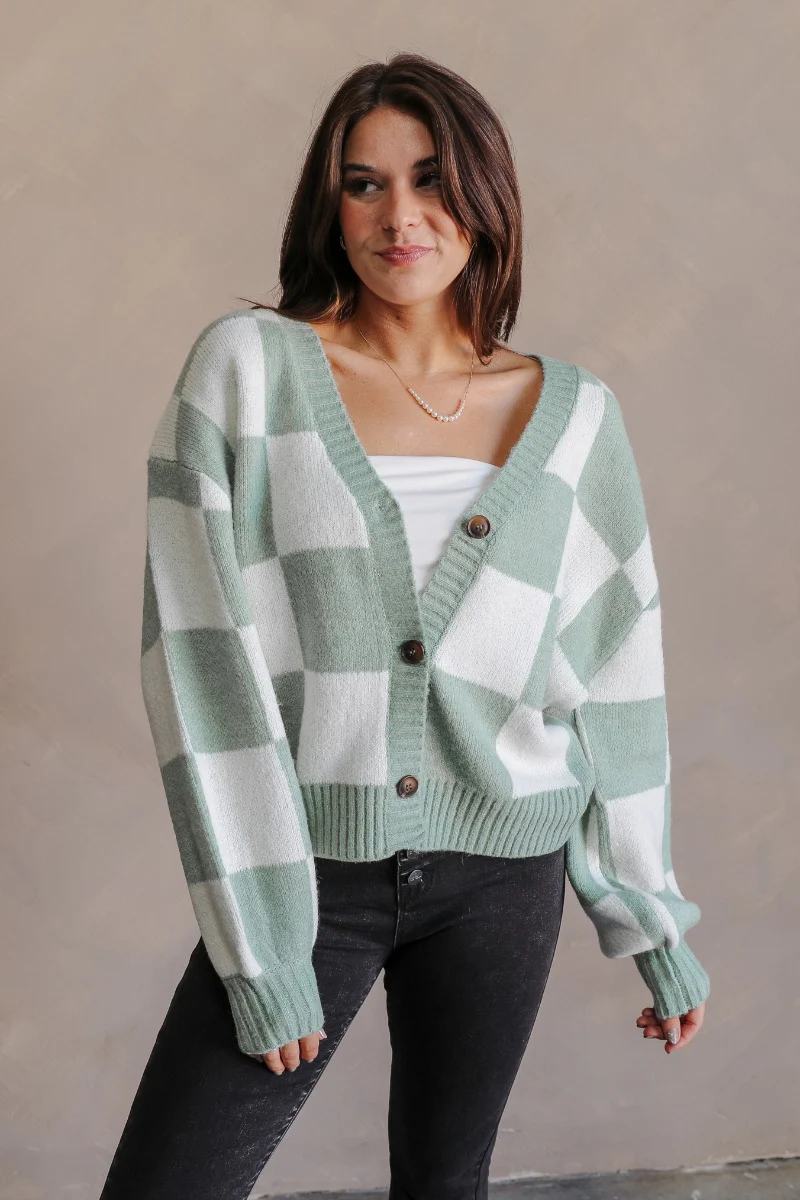 Jordan Sage & Cream Checkered Long Sleeve Cardigan - Image 6