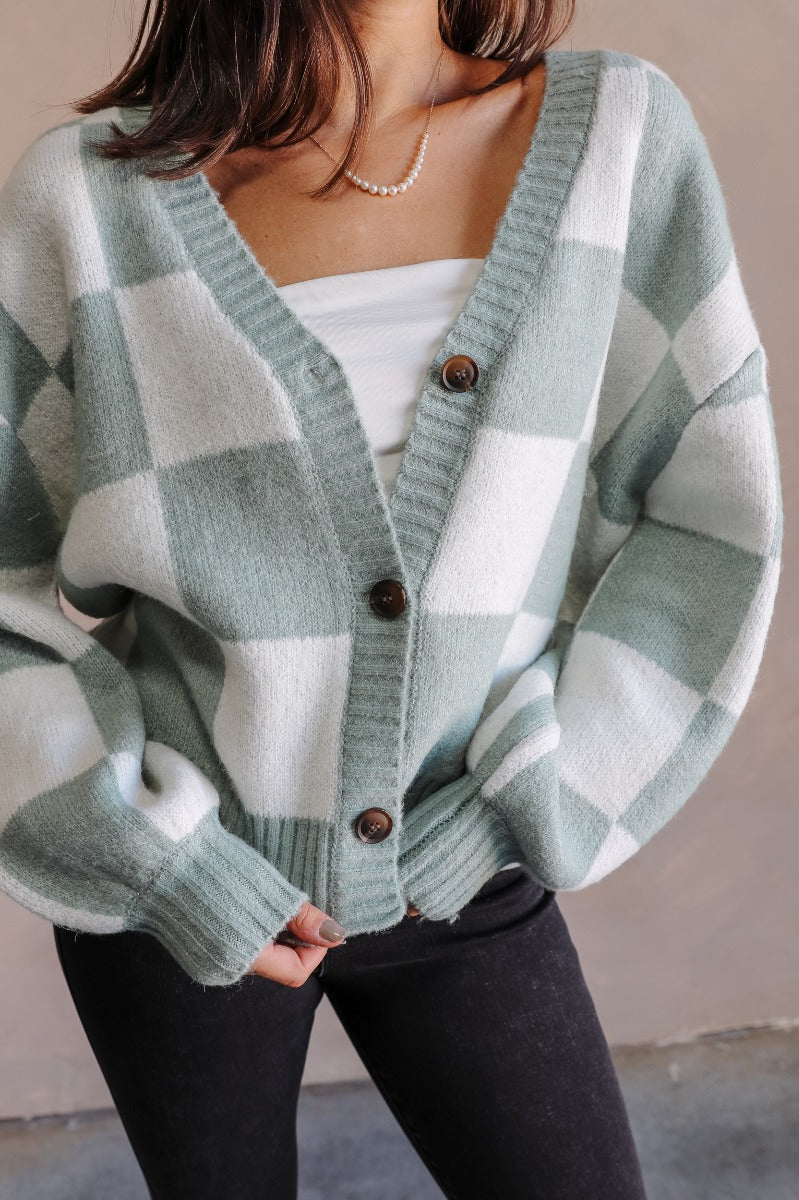 Jordan Sage & Cream Checkered Long Sleeve Cardigan - Image 7