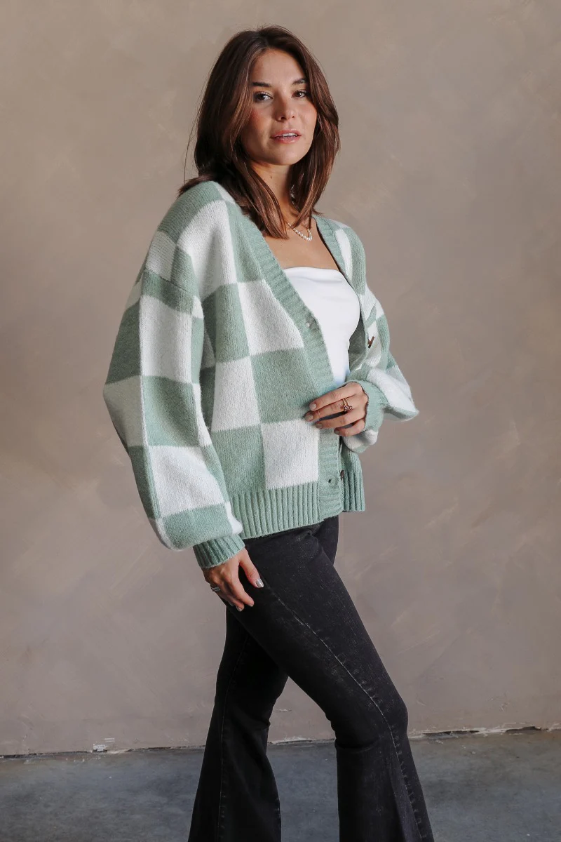 Jordan Sage & Cream Checkered Long Sleeve Cardigan - Image 8