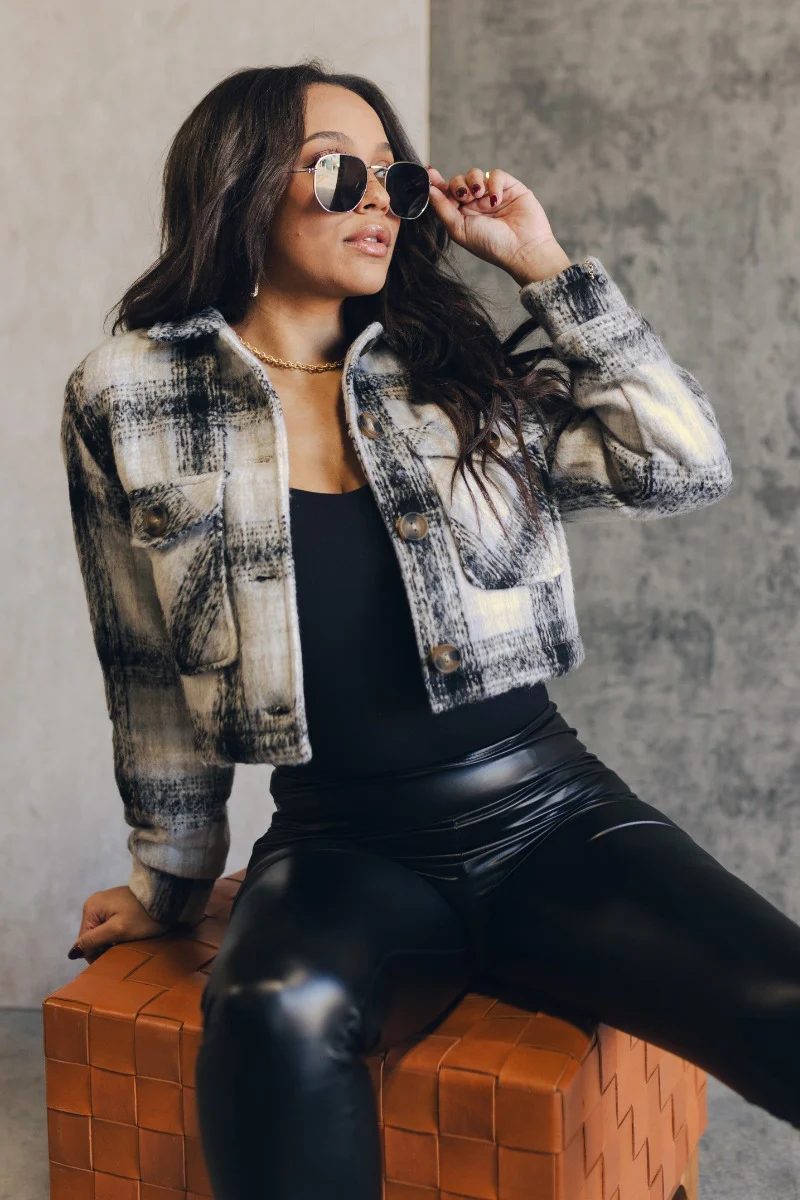 Jordyn Black & White Plaid Cropped Shacket - Image 2