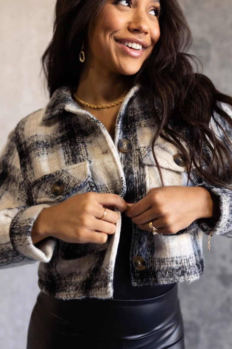 Jordyn Black & White Plaid Cropped Shacket - Image 3