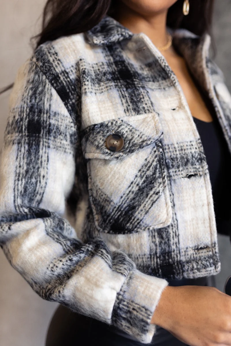 Jordyn Black & White Plaid Cropped Shacket - Image 4