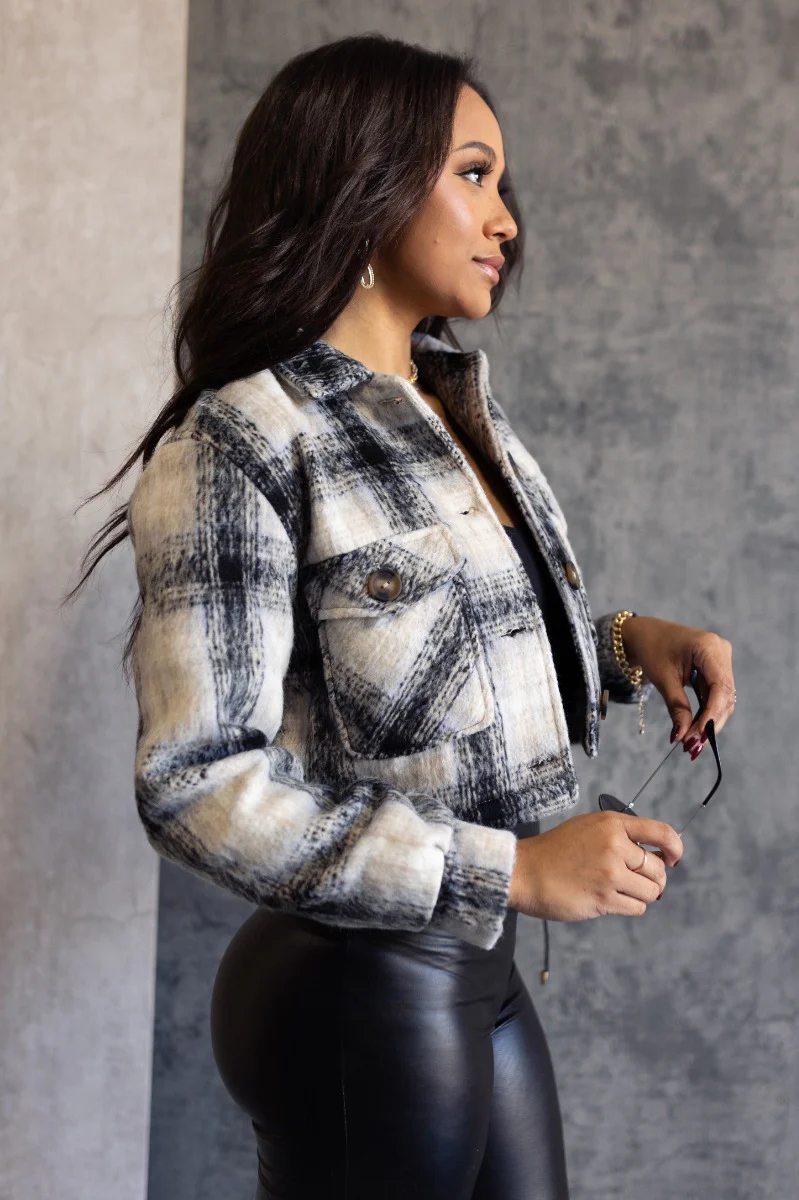 Jordyn Black & White Plaid Cropped Shacket - Image 5