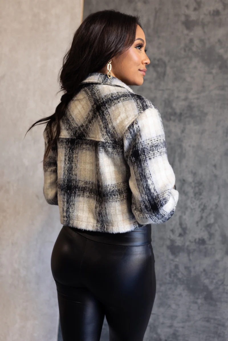 Jordyn Black & White Plaid Cropped Shacket - Image 6
