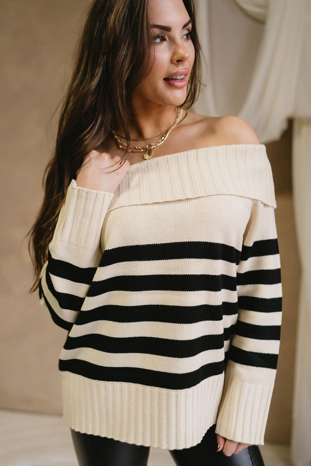 Jordyn Black & Cream Off-The-Shoulder Sweater