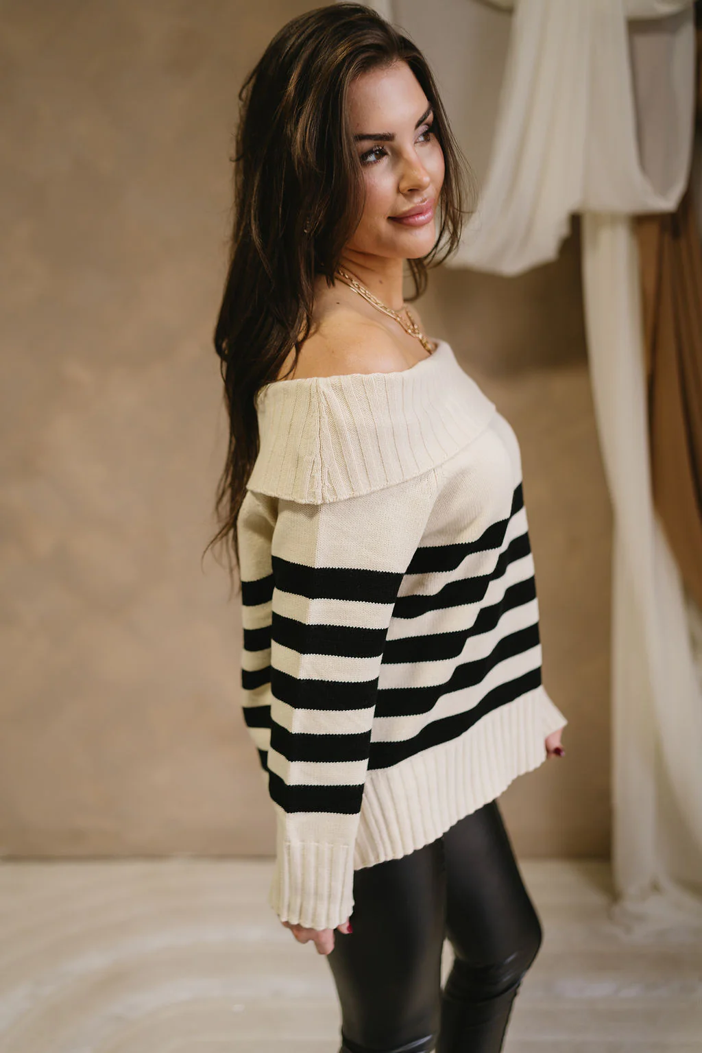 Jordyn Black & Cream Off-The-Shoulder Sweater - Image 3