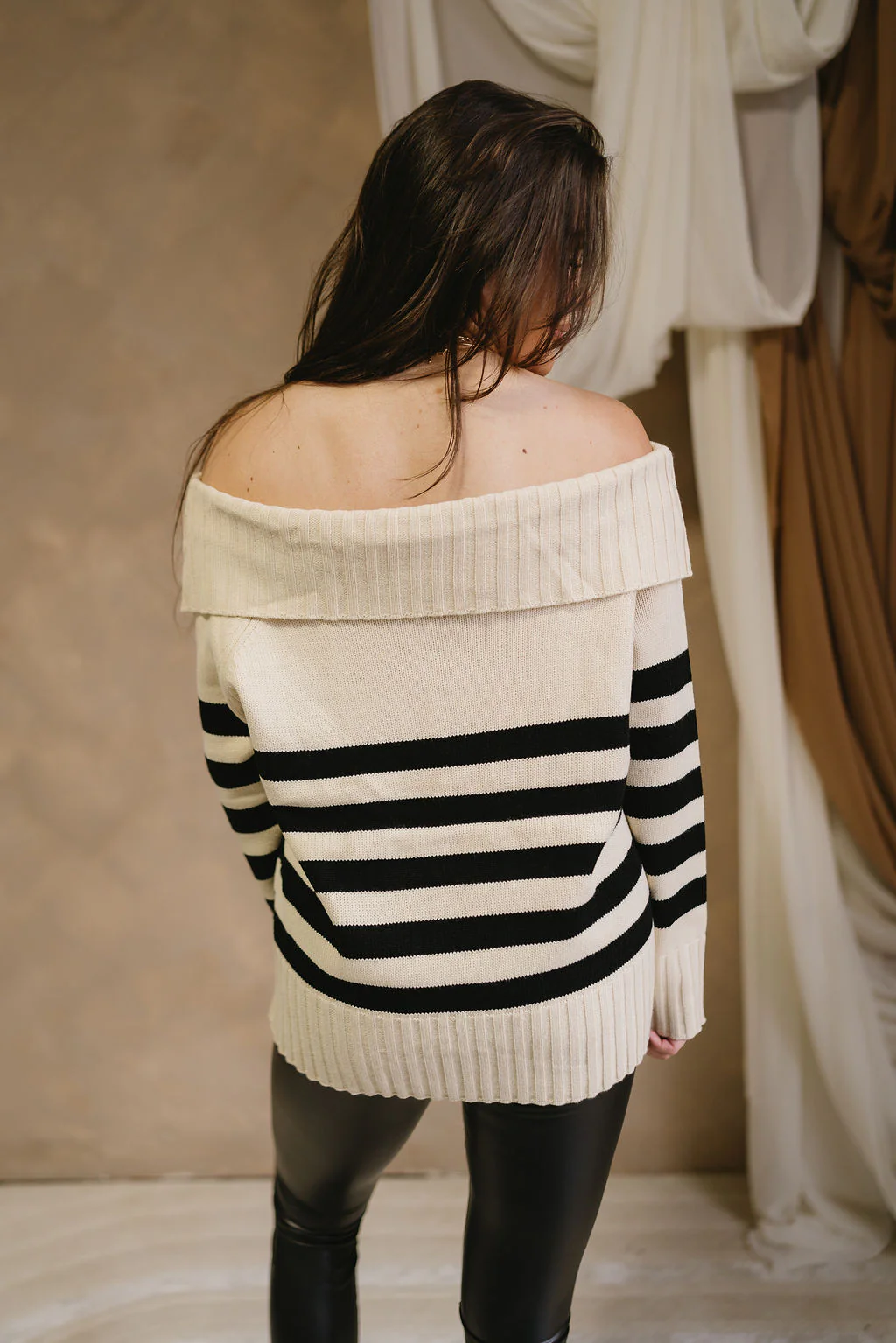 Jordyn Black & Cream Off-The-Shoulder Sweater - Image 4