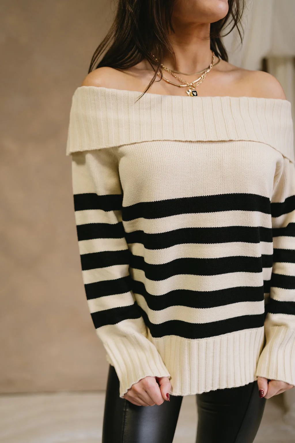 Jordyn Black & Cream Off-The-Shoulder Sweater - Image 5