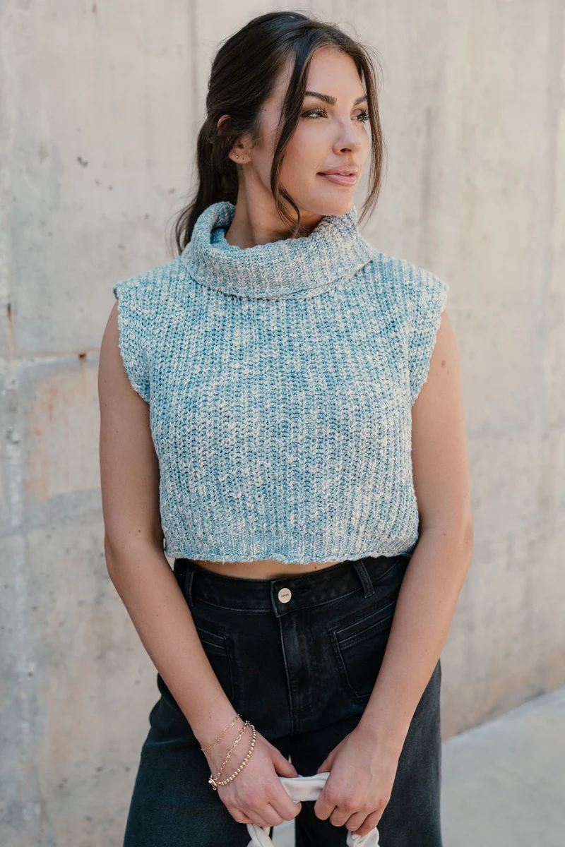 Jordyn Blue & White Sleeveless Turtleneck Sweater