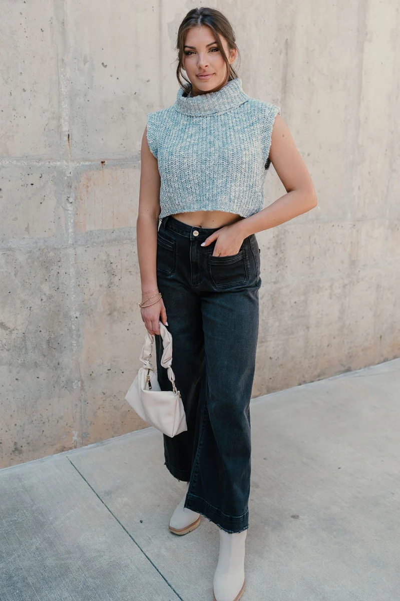 Jordyn Blue & White Sleeveless Turtleneck Sweater - Image 2