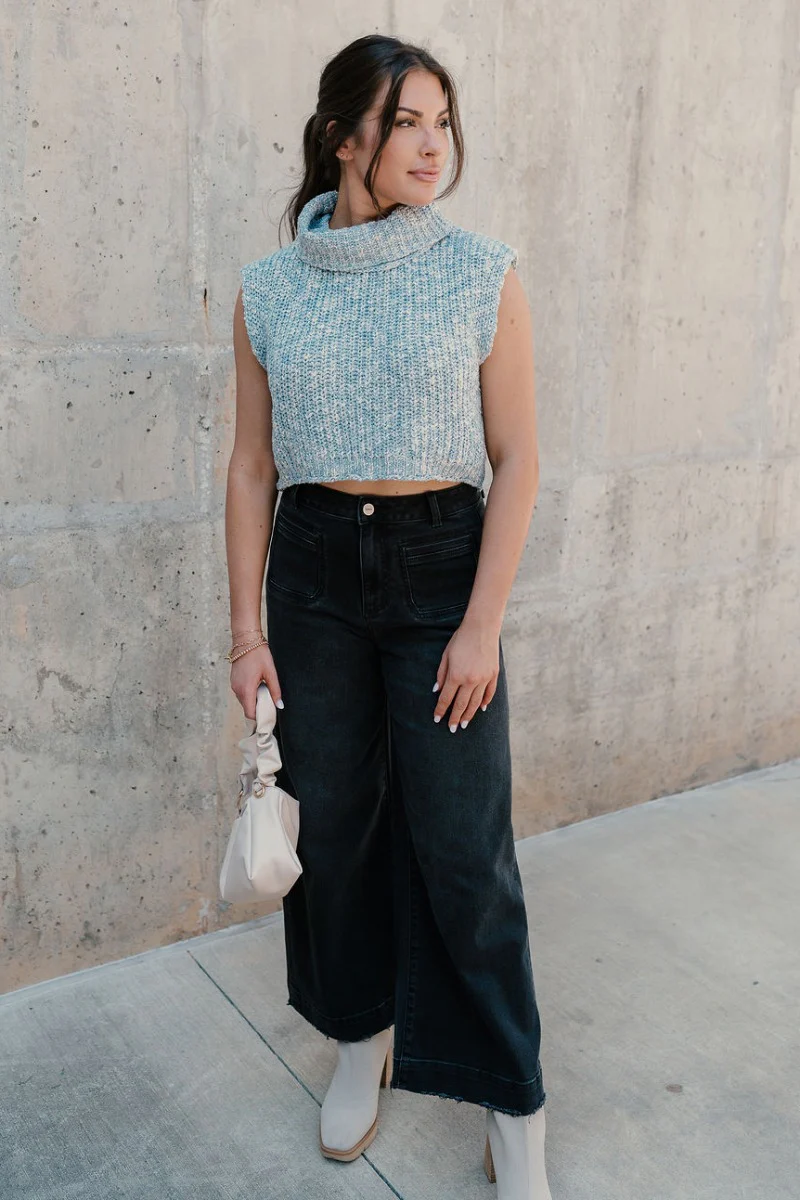 Jordyn Blue & White Sleeveless Turtleneck Sweater - Image 3