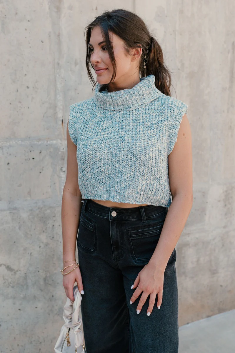 Jordyn Blue & White Sleeveless Turtleneck Sweater - Image 4