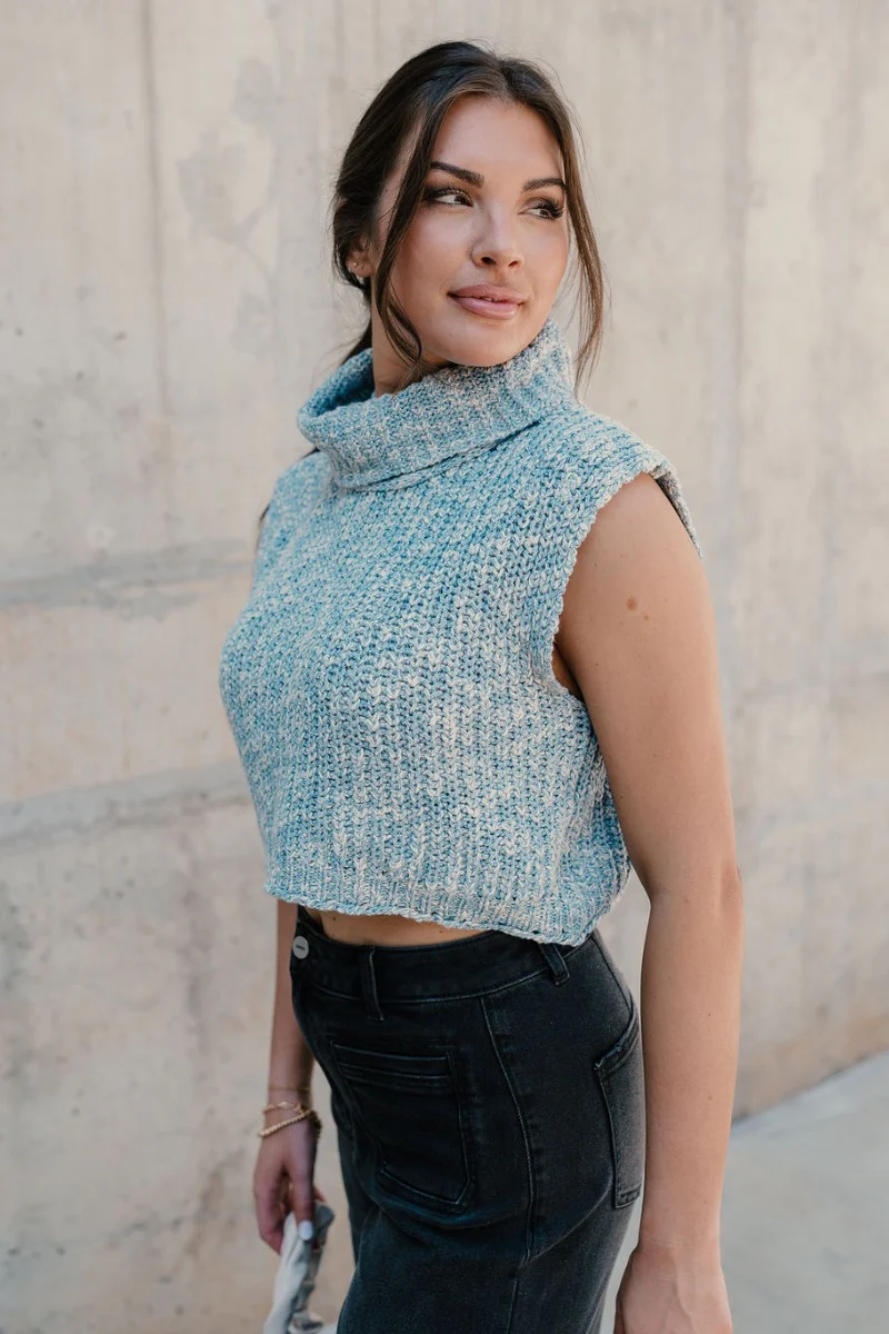 Jordyn Blue & White Sleeveless Turtleneck Sweater - Image 5