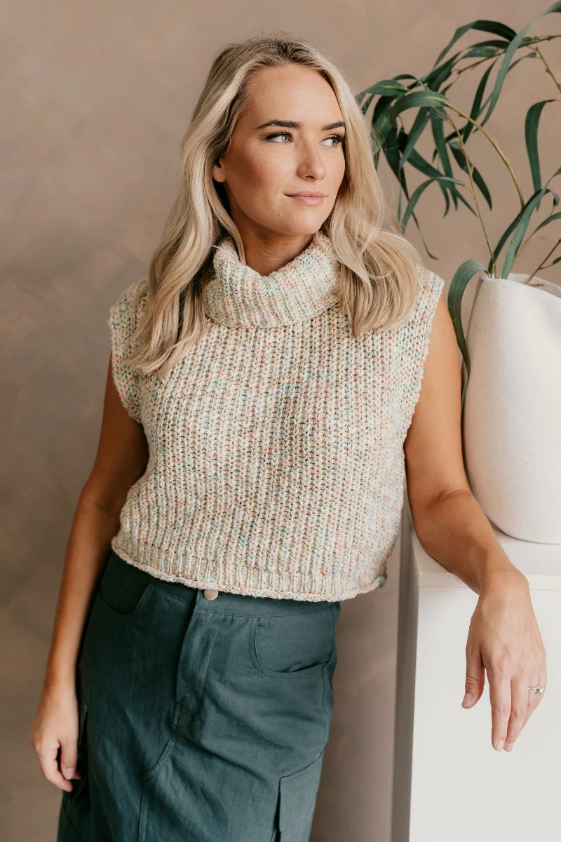 Jordyn Cream Multi Sleeveless Turtleneck Sweater