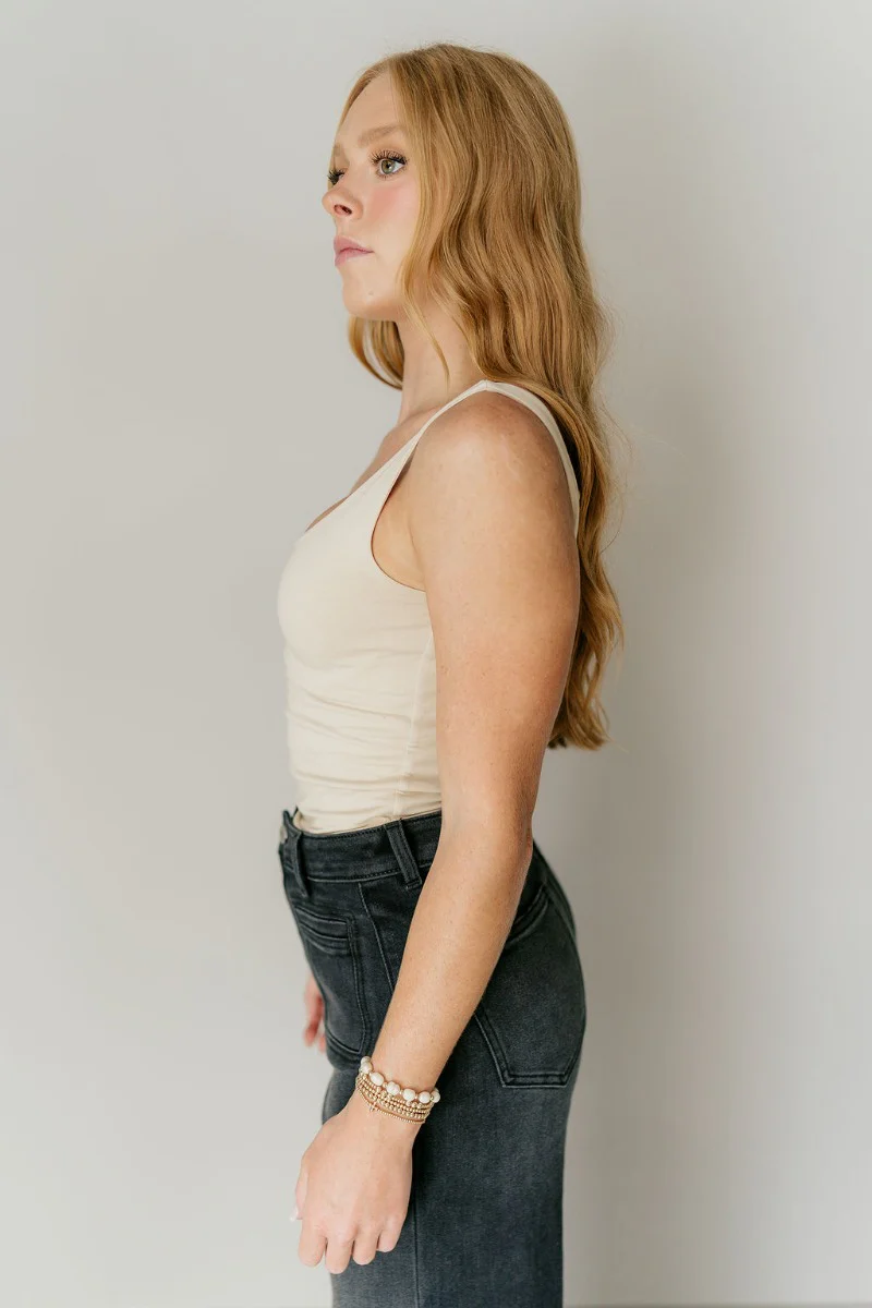 Josie Beige Basic Scoop Neck Tank - Image 2
